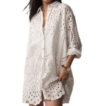 Women's White Eyelet Embroidery Shirt Dress — Elegant Hollow-Out Button-Down Mini Dress with Scalloped Hem - Image 4