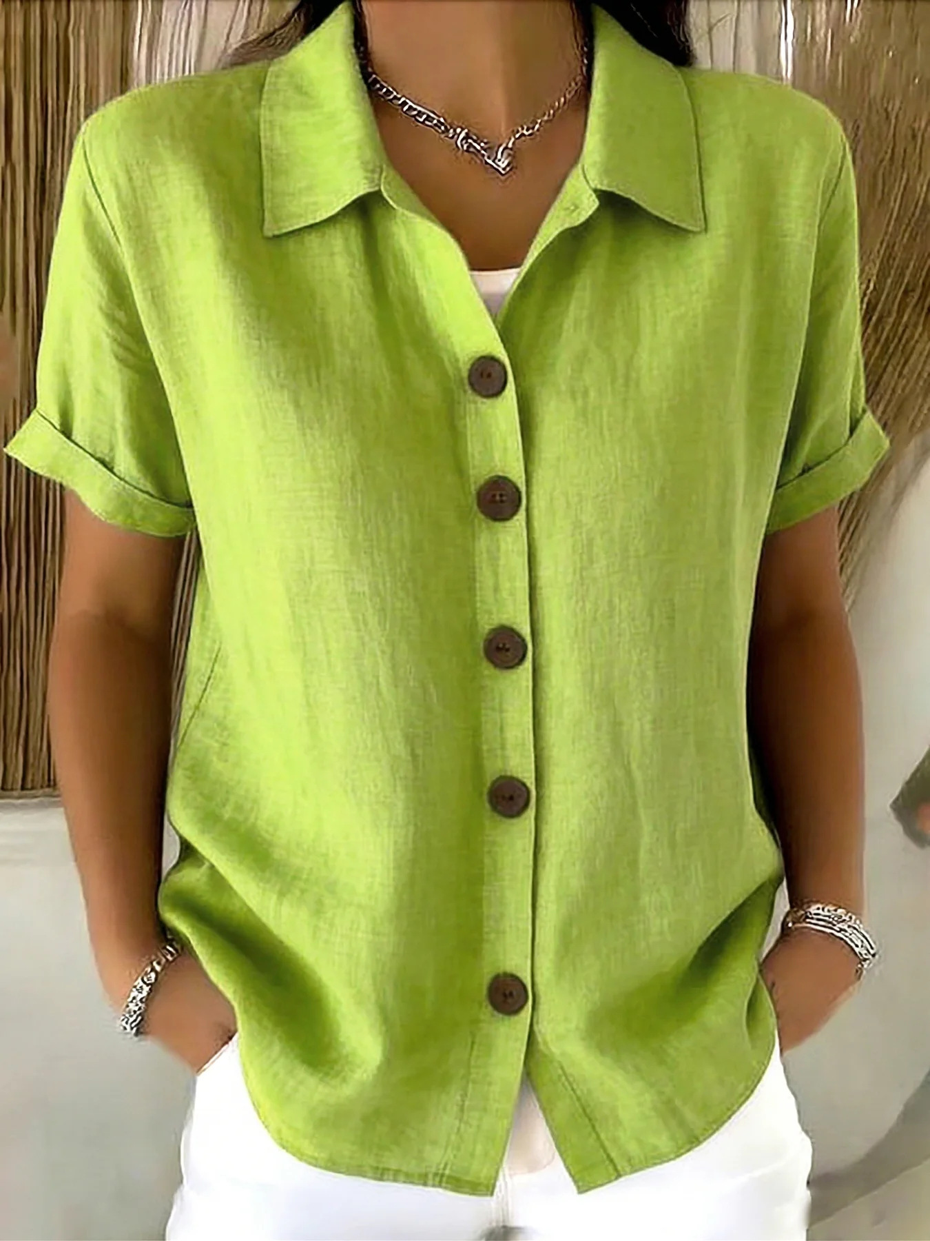 Women's Linen-Blend Short Sleeve Button-Down Shirt - Image 10
