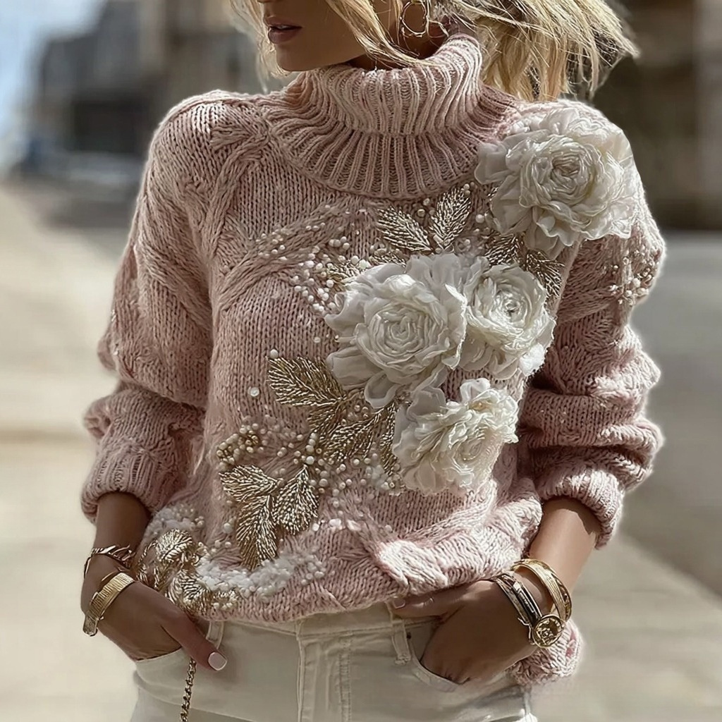 Women's Mint Green Chunky Cable Knit Turtleneck Sweater with 3D Floral Embroidery & Beading - Image 8