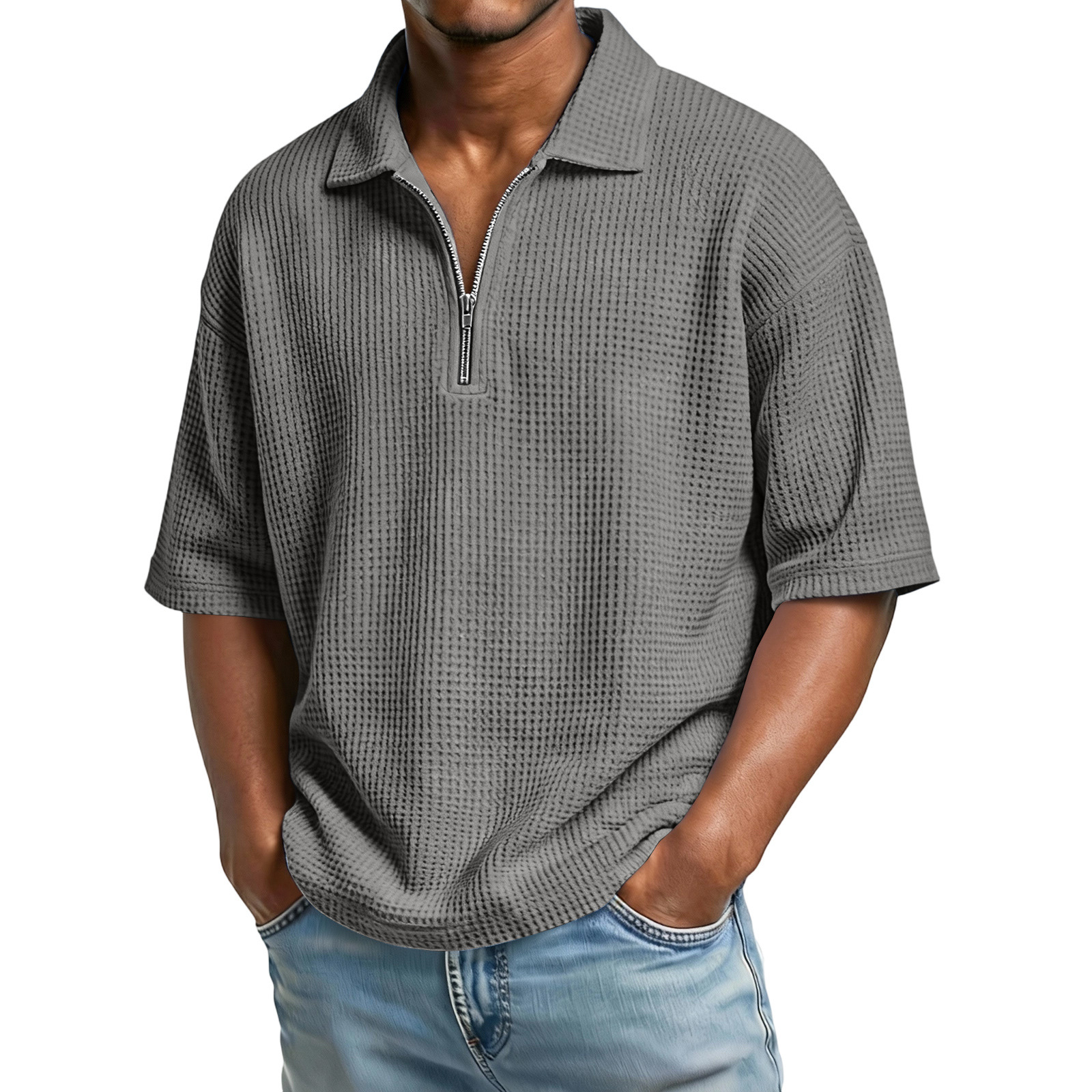 Men's Waffle Knit Quarter-Zip Polo Shirt - Relaxed Fit Short Sleeve Textured Pullover - Casual Summer Lightweight Top - Image 6
