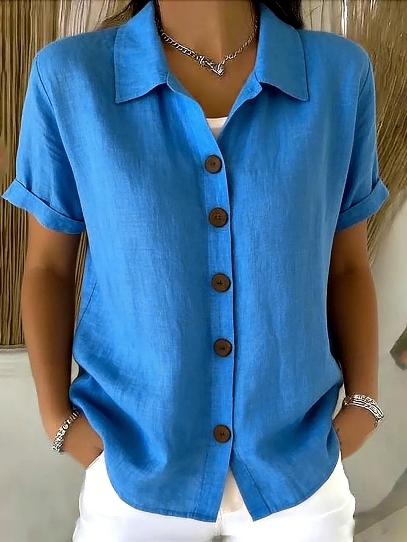 Women's Linen-Blend Short Sleeve Button-Down Shirt - Image 2