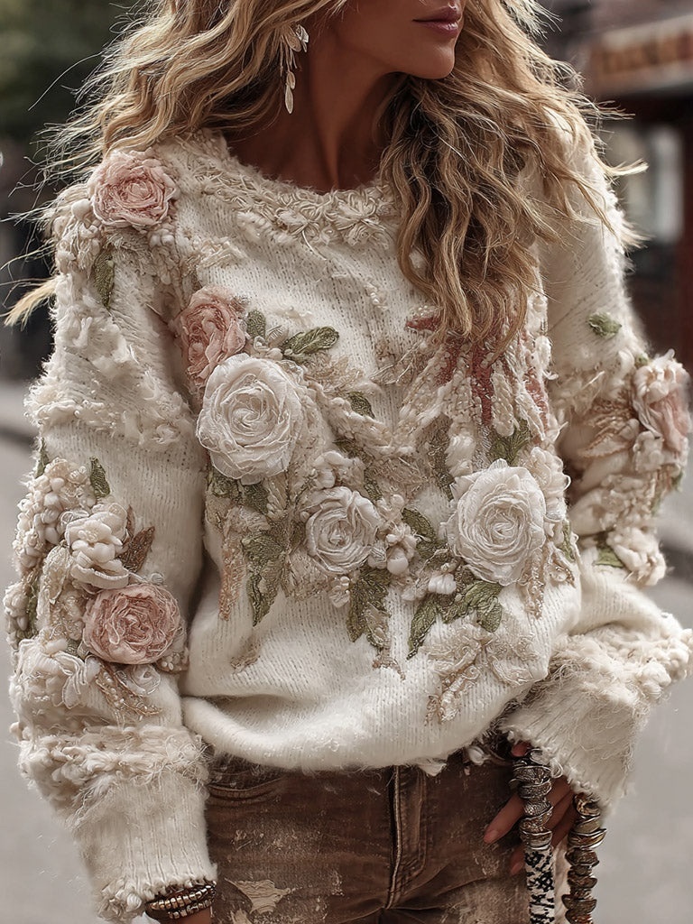 Women's 3D Floral Appliqué Chunky Knit Sweater - Oversized Turtleneck Pullover with Embossed Roses - Elegant Boho Winter Knitwear - Image 8