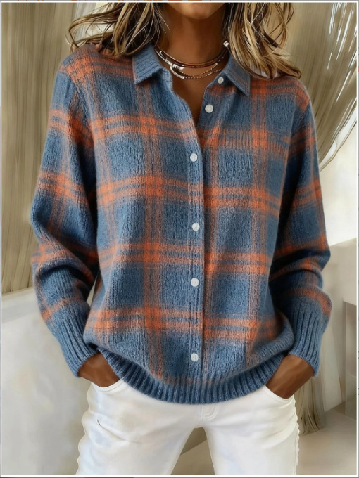 Women's Plaid Knit Button-Down Shirt Sweater — Retro Flannel-Style Cardigan with Ribbed Cuffs & Hem - Image 2