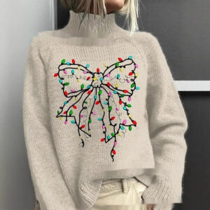 Women's Bow String Lights Turtleneck Sweater — Fuzzy Knit Holiday Pullover