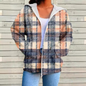 Women's Plaid Zip Up Hooded Jacket - Lightweight Oversized Flannel Style Hoodie - Casual Long Sleeve Checked Cardigan Coat