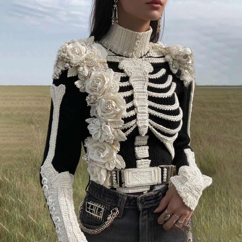 Women's Mint Green Chunky Cable Knit Turtleneck Sweater with 3D Floral Embroidery & Beading - Image 7