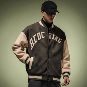 Men's Retro Varsity Bomber Jacket - Oversized "BLOCKING" Letter Print Streetwear Coat