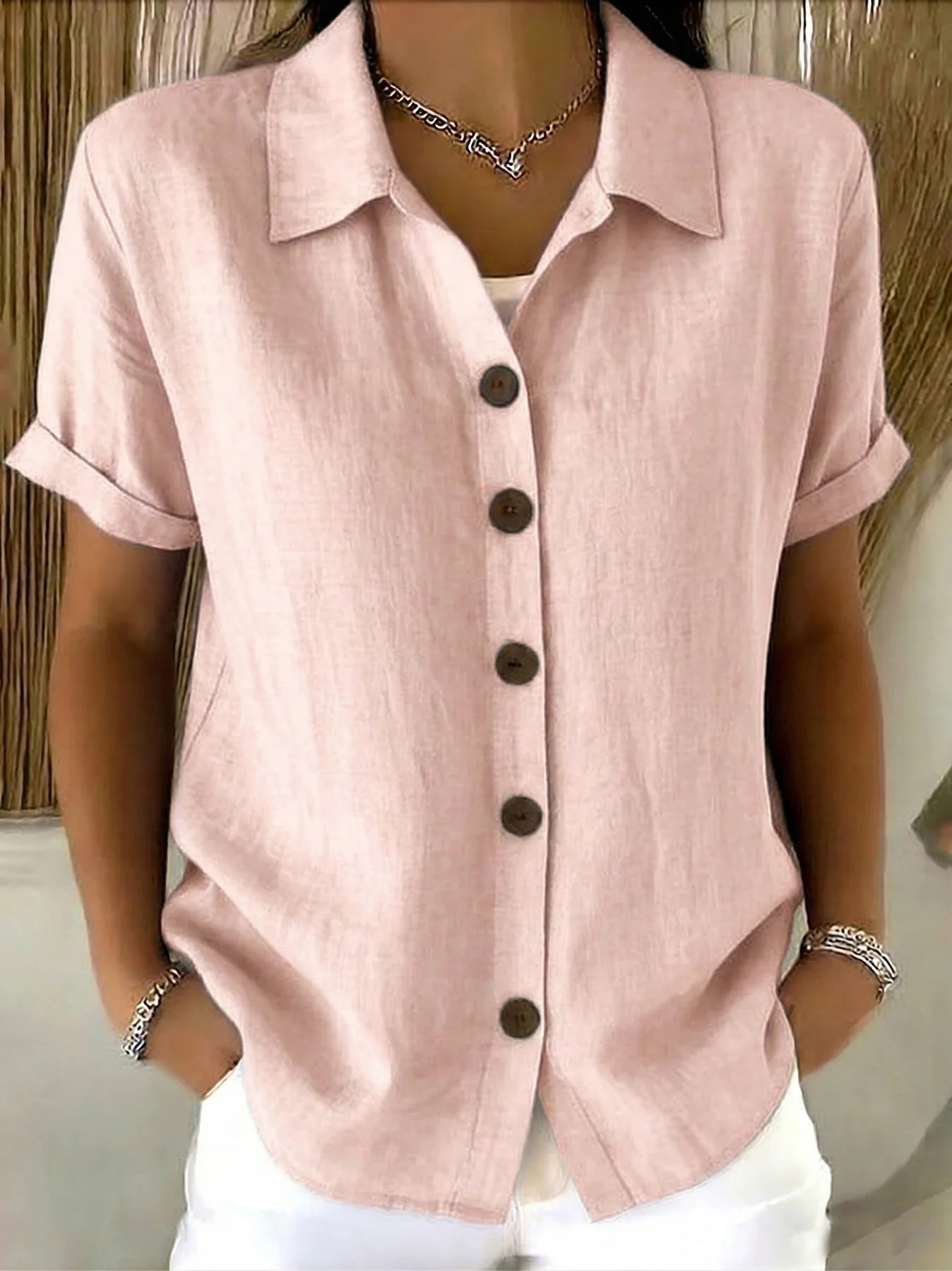 Women's Linen-Blend Short Sleeve Button-Down Shirt - Image 4