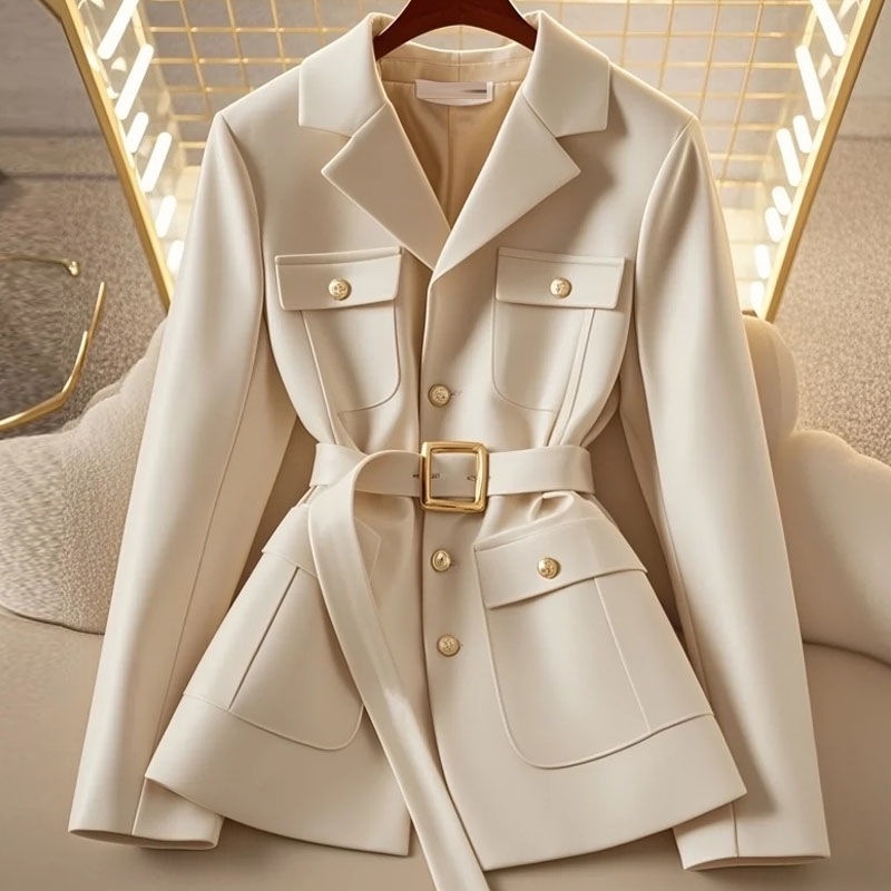 Women's Belted Multi-Pocket Gold Button Blazer Jacket - Image 4