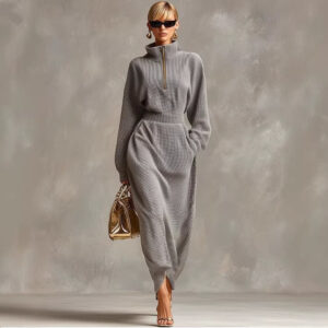 Women's Half-Zip Mock Neck Knit Maxi Dress - Long Sleeve Casual Sweater Dress with Pockets - Elegant Loose Fit Solid Color Longline Robe