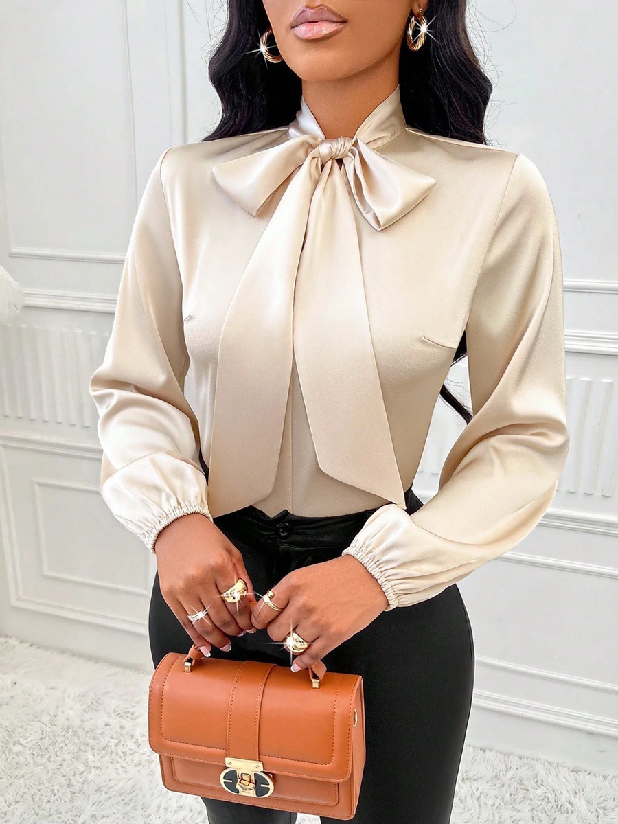 Women's Elegant Satin Bow-Tie Blouse – Silk-Like Long Sleeve Pussy-Bow Shirt for Professional Work & Office Wear - Image 6