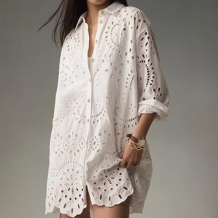 Women's White Eyelet Embroidery Shirt Dress — Elegant Hollow-Out Button-Down Mini Dress with Scalloped Hem - Image 2