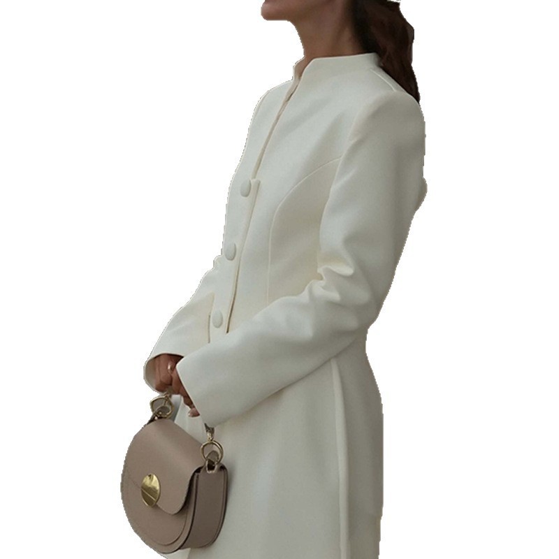 Women's Elegant Cream Blazer Mini Dress — Button-Front A-Line Long Sleeve Work Dress with V-Notch Collar - Image 4