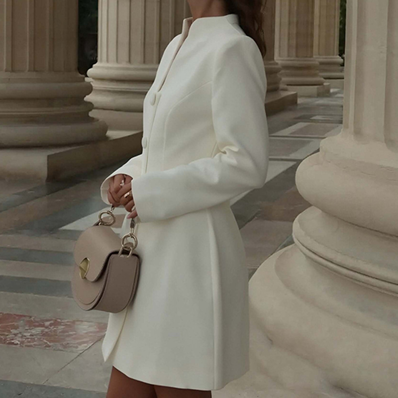 Women's Elegant Cream Blazer Mini Dress — Button-Front A-Line Long Sleeve Work Dress with V-Notch Collar - Image 2