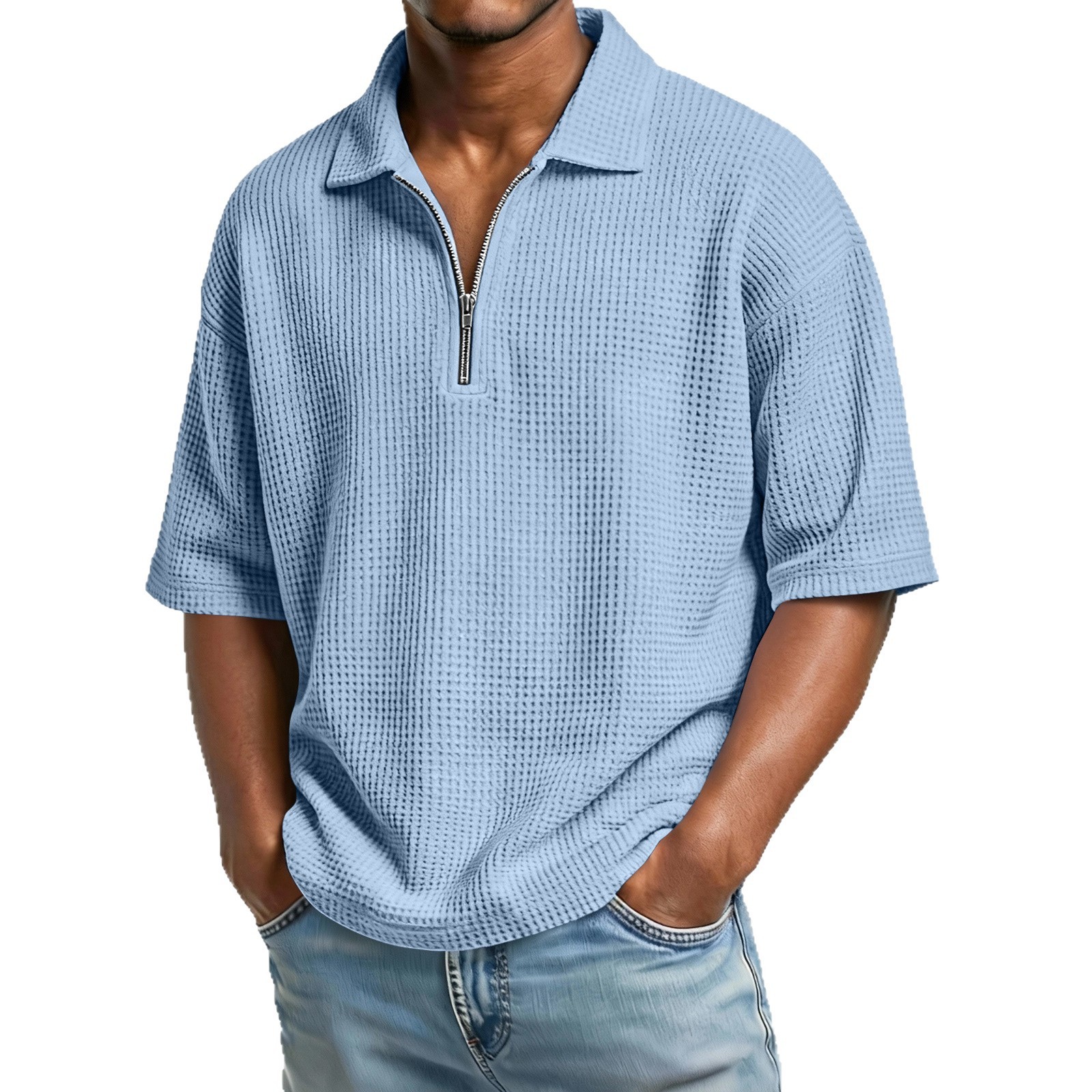Men's Waffle Knit Quarter-Zip Polo Shirt - Relaxed Fit Short Sleeve Textured Pullover - Casual Summer Lightweight Top - Image 3
