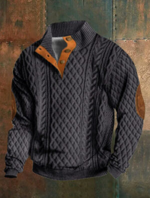 Retro 3D Print Button Henley Pullover