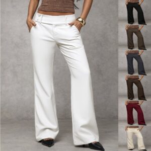 Women's High Waisted Wide Leg Dress Pants - Professional Business Casual Trousers with Button Detail & Slight Stretch - Loose Fit Office Work Slacks