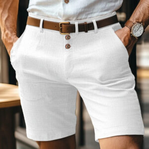Men's Cotton Linen Flat Front Chino Shorts | Straight Fit Casual Summer Shorts