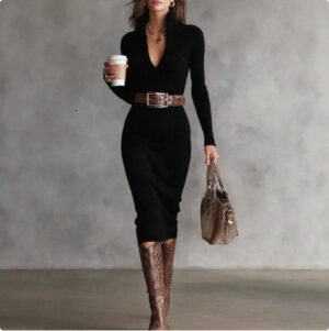 Ribbed Knit Bodycon Midi Dress – Elegant Zip-Collar Long Sleeve Women
