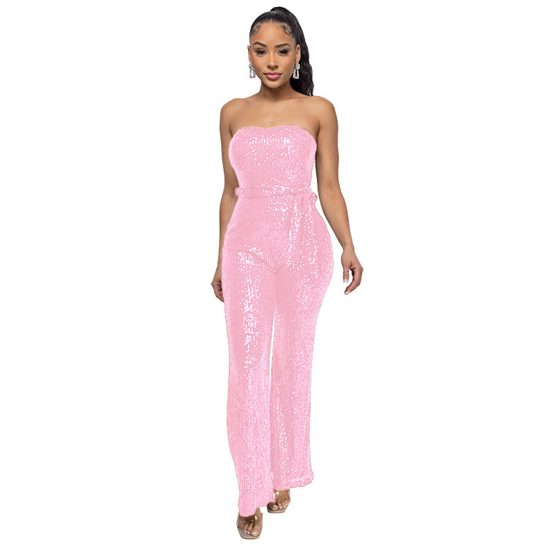 Women's Glitter Sequin Tube Top Wide-Leg Jumpsuit — Party & Formal Occasion - Image 7