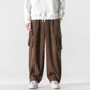 Men's Corduroy Cargo Pants – Trendy Baggy Wide-Leg Drawstring Trousers