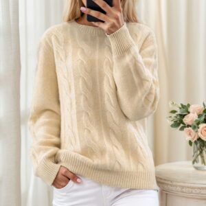 Stunning Beige Cable Knit Sweater - Chic Crochet Jacquard Pullover - Essential Extra Thick Winter Knitwear for Women