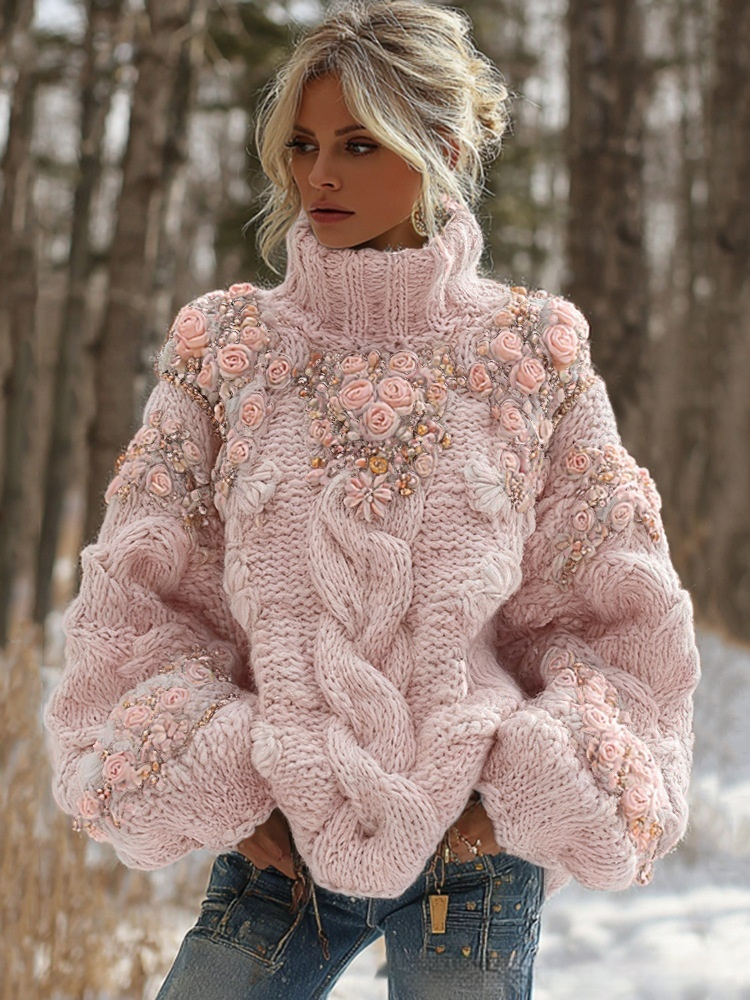 Women's Mint Green Chunky Cable Knit Turtleneck Sweater with 3D Floral Embroidery & Beading - Image 4