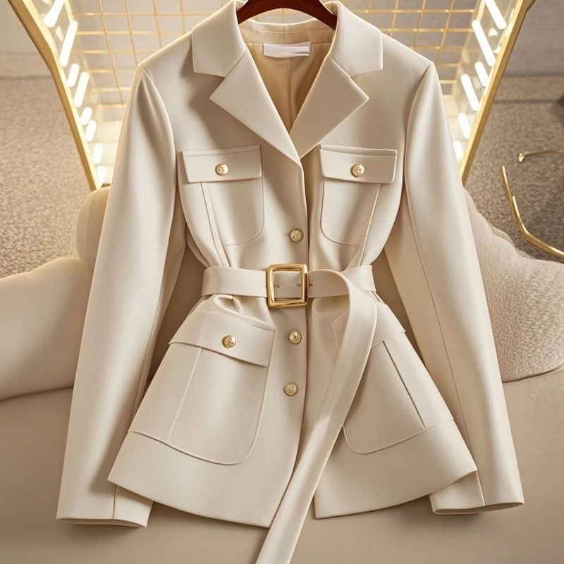 Women's Belted Multi-Pocket Gold Button Blazer Jacket - Image 2