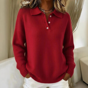 Women's Polo Collar Knit Sweater — Soft Fuzzy Button-Neck Pullover, Relaxed Fit Long Sleeve