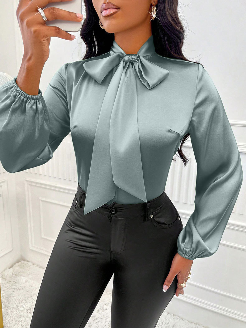 Women's Elegant Satin Bow-Tie Blouse – Silk-Like Long Sleeve Pussy-Bow Shirt for Professional Work & Office Wear - Image 3