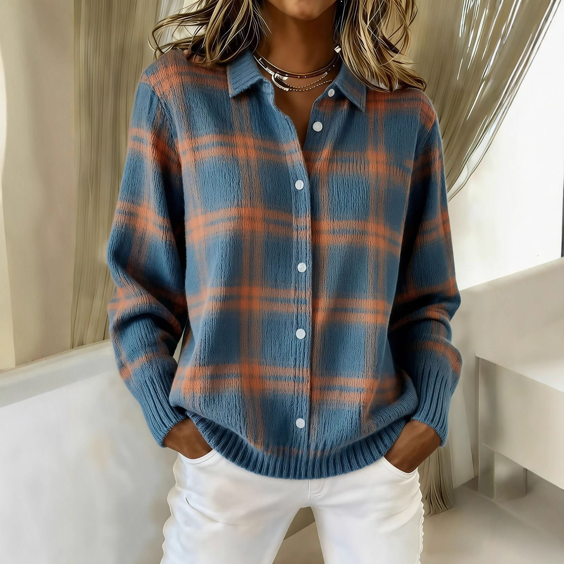 Women's Plaid Knit Button-Down Shirt Sweater — Retro Flannel-Style Cardigan with Ribbed Cuffs & Hem