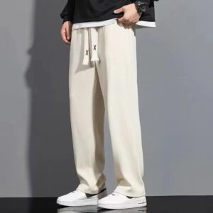 Men's Ice Silk Wide-Leg Drawstring Pants | Lightweight Loose Fit Ribbed Trousers | Casual Streetwear