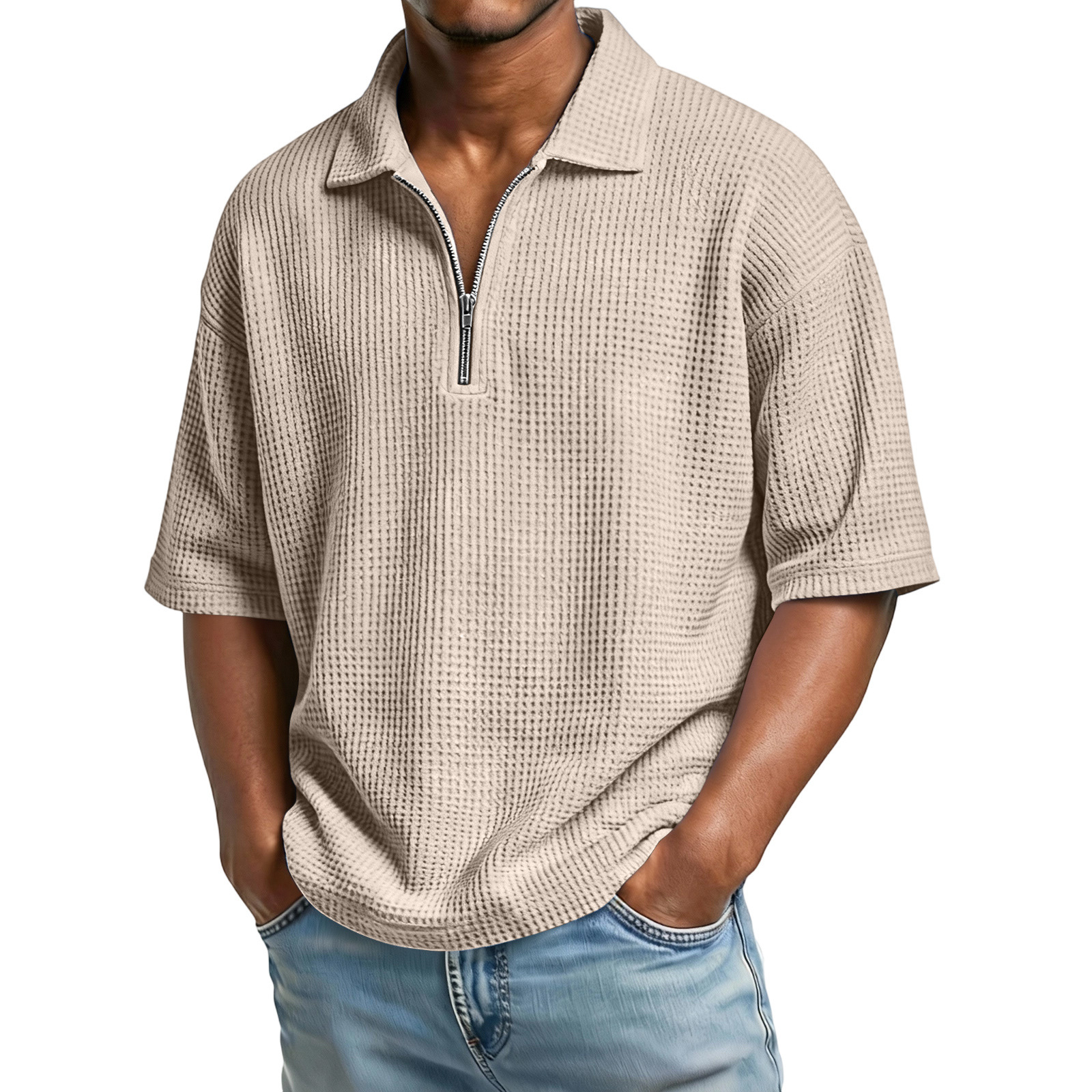 Men's Waffle Knit Quarter-Zip Polo Shirt - Relaxed Fit Short Sleeve Textured Pullover - Casual Summer Lightweight Top - Image 2