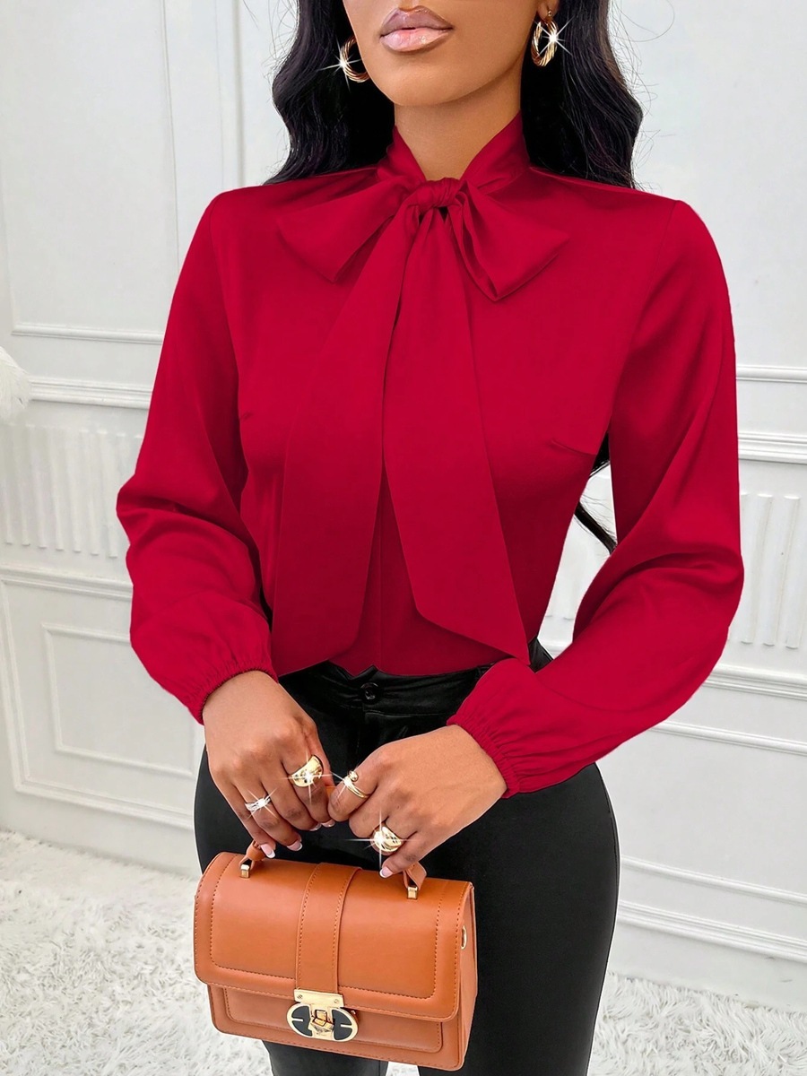 Women's Elegant Satin Bow-Tie Blouse – Silk-Like Long Sleeve Pussy-Bow Shirt for Professional Work & Office Wear - Image 2