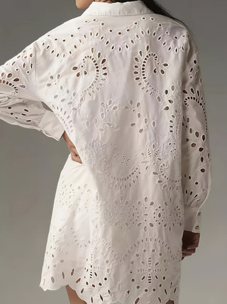 Women's White Eyelet Embroidery Shirt Dress — Elegant Hollow-Out Button-Down Mini Dress with Scalloped Hem - Image 3