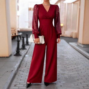 Women's Elegant V Neck Sheer Glitter Mesh Long Sleeve Wide Leg Jumpsuit