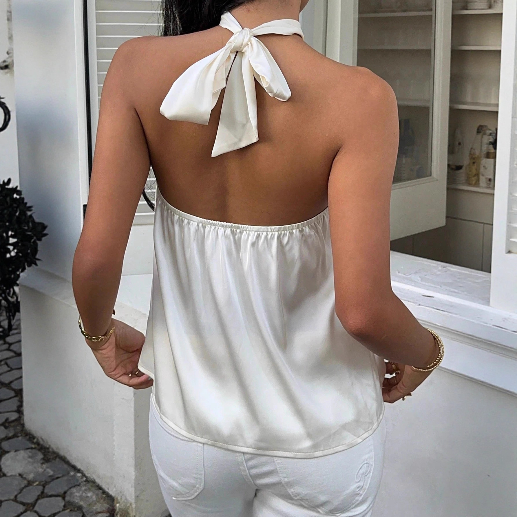 Chic Halter Neck Polka Dot Top — Flowy Backless Cami - Image 4