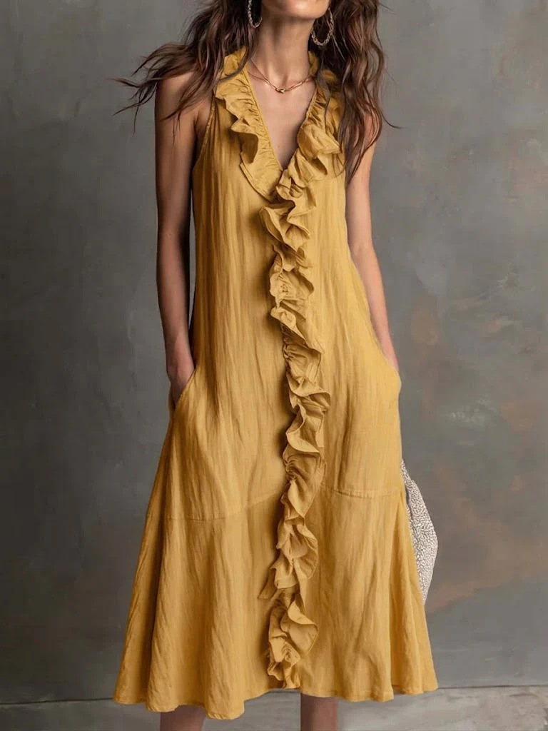 Breathtaking Women's Ruffle V-Neck Maxi Dress | 6 Colors, Linen Sleeveless - Image 7