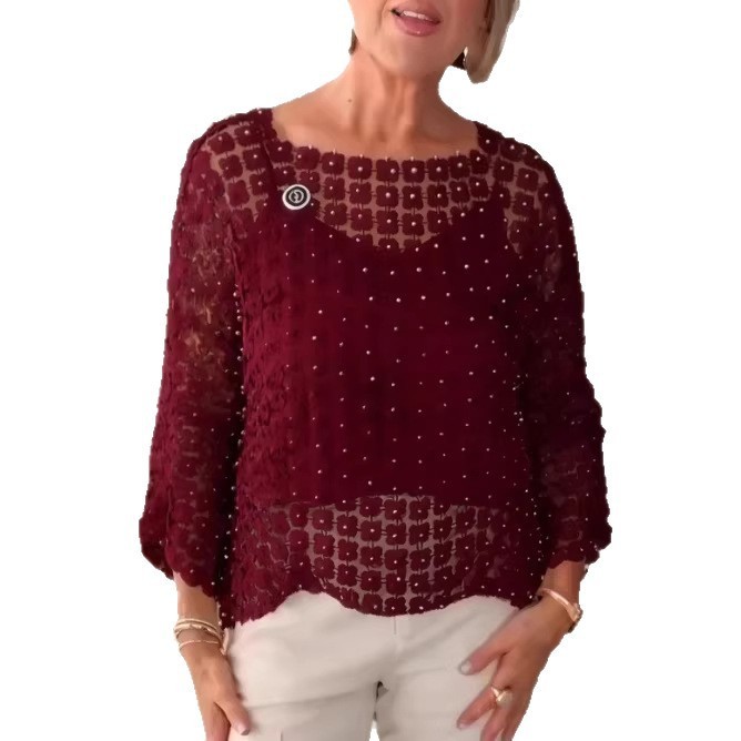 Pearl Beaded Mesh Top Women 3/4 Sleeve - Image 3