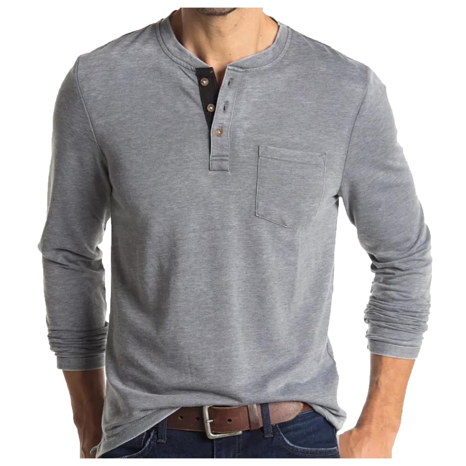 Classic Men's Henley Shirt - Long Sleeve Cotton Blend with Pocket - Image 6