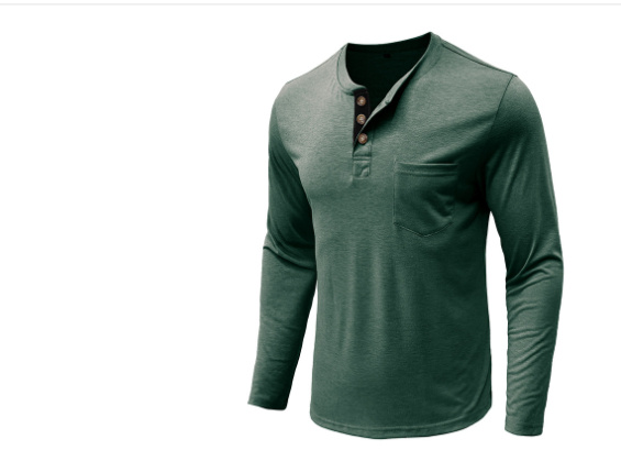 Classic Men's Henley Shirt - Long Sleeve Cotton Blend with Pocket - Image 2