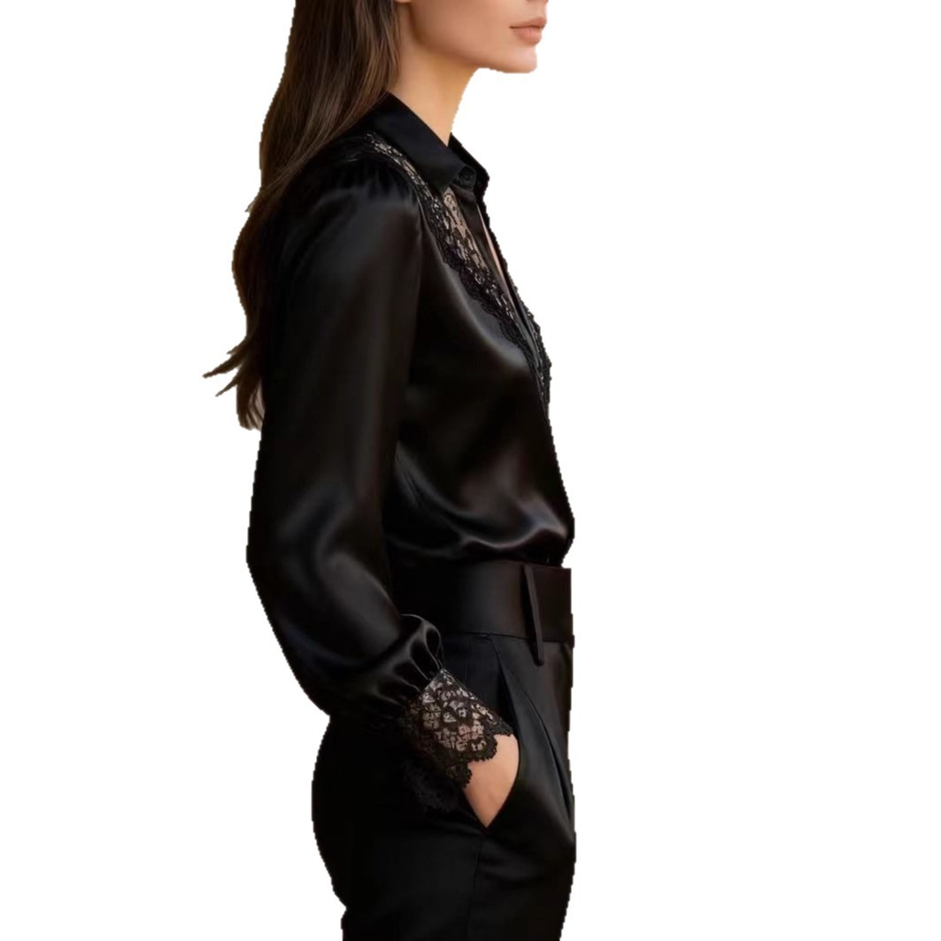 Women's Elegant Lace-Trimmed Satin Blouse – Button-Down Long Sleeve Silk-Like Shirt with Appliqué Details - Image 6