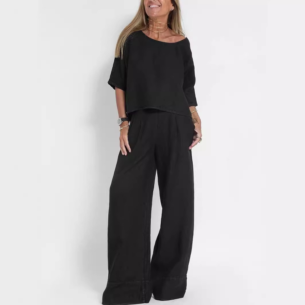 Women's Cotton Two Piece Wide Leg Pants Set - Image 7