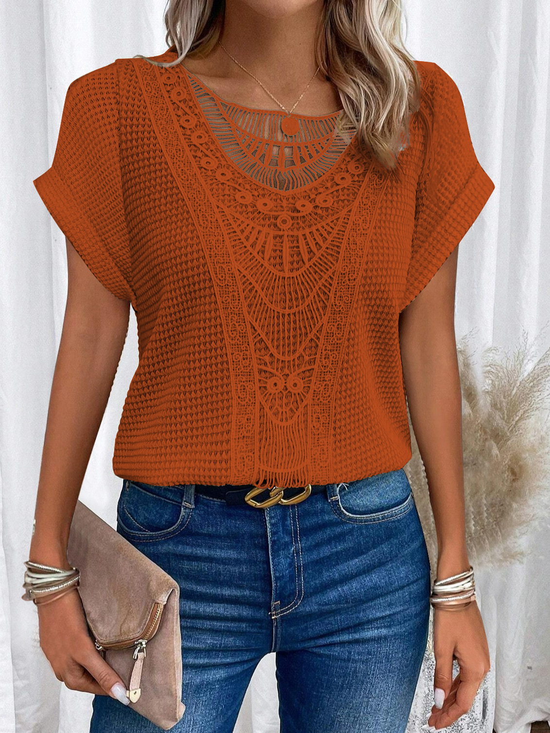 Lace Crochet Top: Elegant Short Sleeve Boho Blouse - Image 4