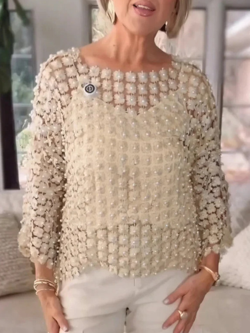 Pearl Beaded Mesh Top Women 3/4 Sleeve - Image 7
