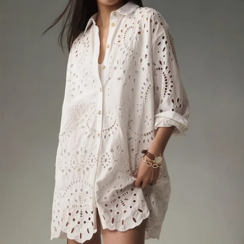 Women's White Eyelet Embroidery Shirt Dress — Elegant Hollow-Out Button-Down Mini Dress with Scalloped Hem