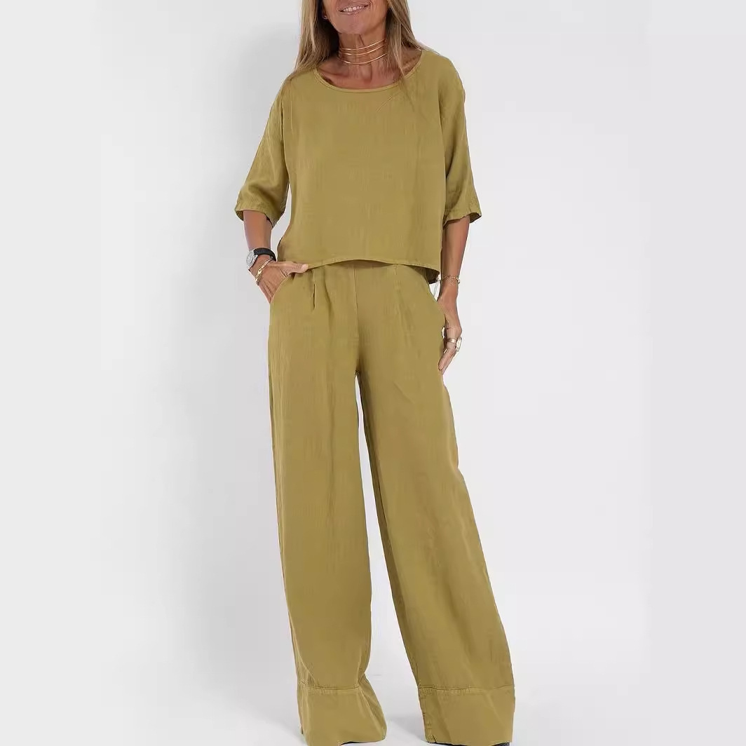 Women's Cotton Two Piece Wide Leg Pants Set - Image 4