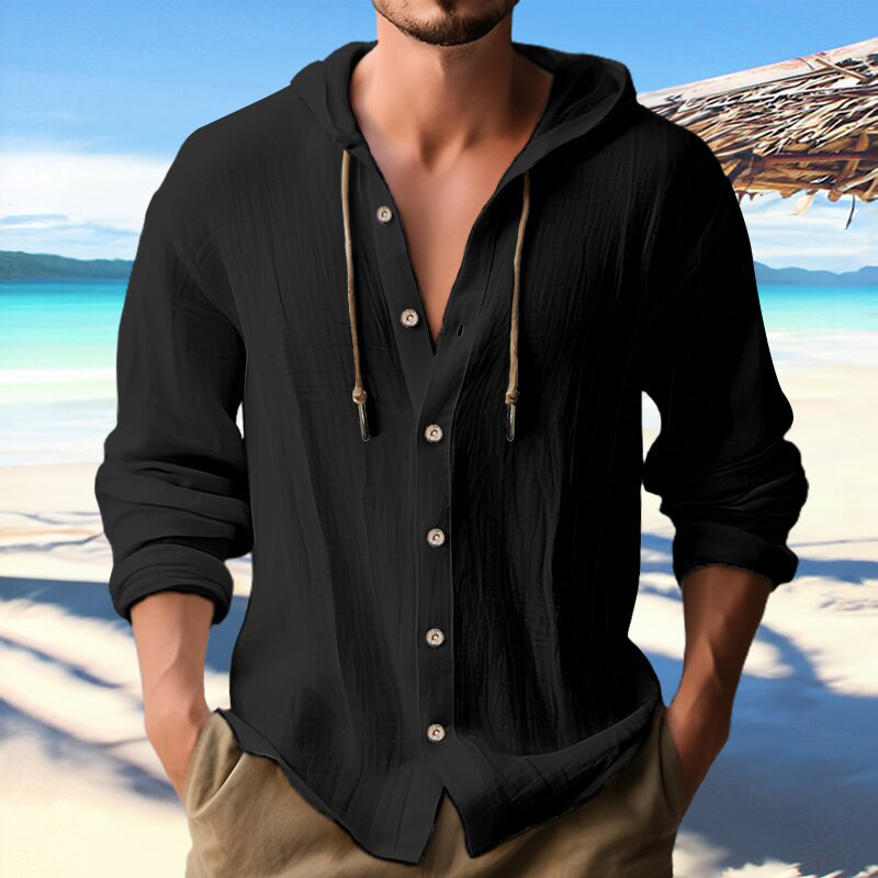 Men's Linen Hooded Button-Down Shirt | 5 Colors, Beach Resort Top - Image 3