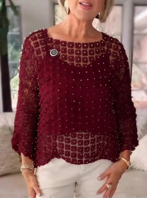 Pearl Beaded Mesh Top Women 3/4 Sleeve - Image 8