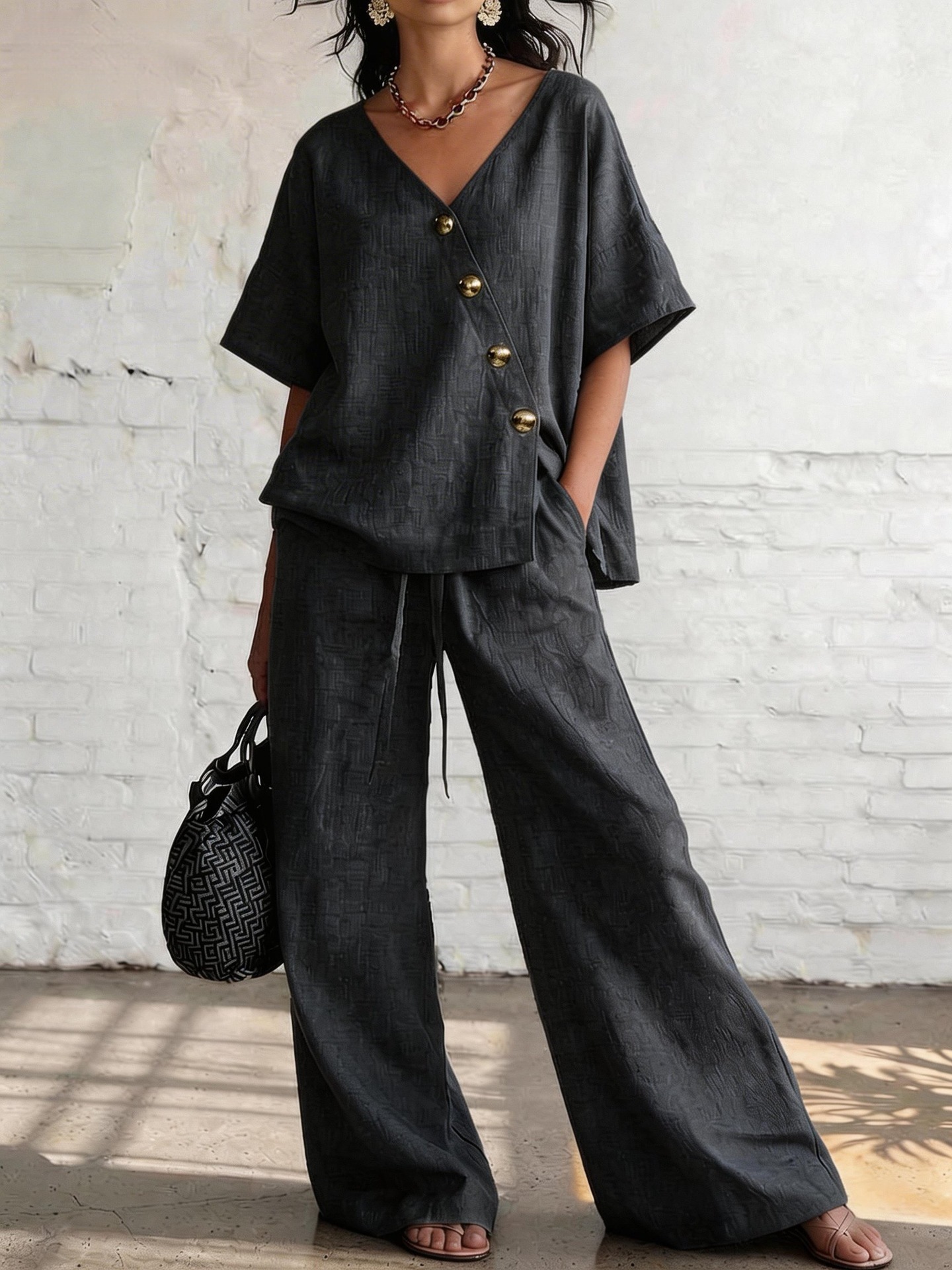 Irresistible Women's 2-Piece Linen Wide-Leg Pants Set | V-Neck Casual Outfit - Image 5